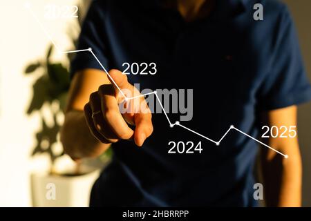 Fingerdruck der blauen Start 2023-Taste auf der virtuellen Benutzeroberfläche auf grauem Hintergrund mit Platz für Text. Konzept des neuen Jahres. Businessman Pressing Stockfoto