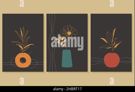 Set aus drei abstrakten botanischen Postern, Vektorgrafik Stock Vektor