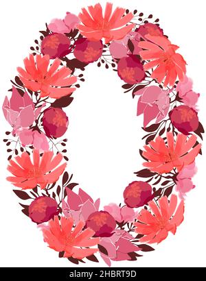 Vektor Blume Nummer 0. Botanischer Charakter, Figur. Rosa, kastanienbraune, korallenfarbene Blüten. Stock Vektor