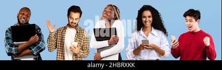 Multikulturelle Menschen Mit Verschiedenen Gadgets, Die Auf Blauem Hintergrund Stehen, Kreative Collage Stockfoto