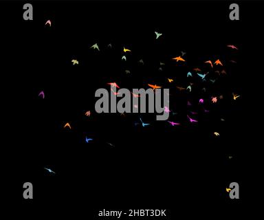 Bunte fliegende Vögel auf schwarzem Hintergrund. Vögel ziehen nach Süden. Vektorgrafik Stock Vektor