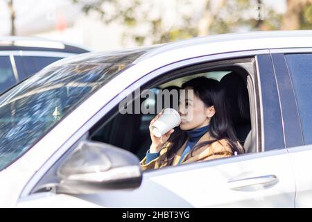 Glückliche tausendjährige asiatische Frau, die das Lenkrad hält, wenn sie an einem sonnigen Herbsttag mit freudig positiven Emotionen mit dem Auto fährt und mit dem sie zufrieden ist Stockfoto