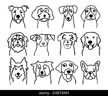 Satz von verschiedenen Hundegesichtern. Hunde Rassen im Doodle-Stil. Tinte von Hand gezeichnete Köpfe von lustigen Welpen. Haustiere Kontur einfache Kinder Stil Vektor Illustration Stock Vektor