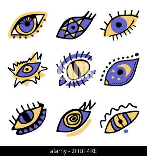 Set von Farbe boho Hand gezeichnet Magie böse Doodle Augen. Sammlung von esoterischen Auge verschiedenen Formen, Katzenauge, Spirale, Sterne, Mondelemente Vektor-Illustration Stock Vektor