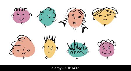 Abstrakt abgewrackelt lustige Gesichter vorne, oben, Seitenansichten. Handgezeichnete Blob Form Köpfe Doodle Set Vektor Illustration Stock Vektor