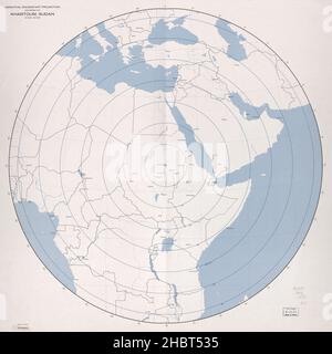 Azimutale, äquidistante Projektionskarte zentriert auf Khartum Sudan Ca. 1977 Stockfoto