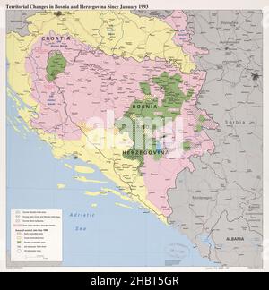 Karte der territorialen Veränderungen in Bosnien und Herzegowina seit Januar 1993 - zeigt Kontrollgebiete, Ende Mai 1995 (serbisch/kroatisch/muslimisch) und UN-erklärte sichere/patrouillierte Gebiete. Zeigt auch Kontrollgebiete in Kroatien ca. 1995 Stockfoto