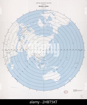 Azimutale äquivalentferne Projektionskarte zentriert auf Peking China ca. 1988 Stockfoto