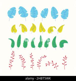 Set von Blättern der dekorativen Cartoon-Pflanze oder Baum. Vektor isoliert auf weißem Hintergrundelement für Design. Trendige mehrfarbige Handzeichnung Illustration Stock Vektor