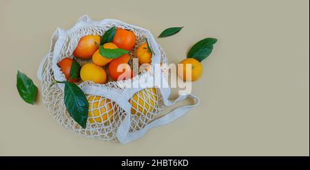 Weißer Saitenbeutel mit orangen Früchten. Reife Kaki, Mandarinen und Grapefruit aus nächster Nähe. Flach liegend, Kopierplatz. Stockfoto