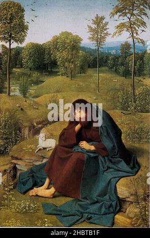Johannes de Doper in de wildernis - Öl auf Holz 42 x 28 cm - Geertgen tot Sint Jans Stockfoto