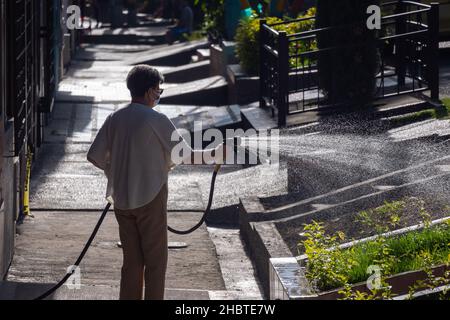 Medellin, Kolumbien - August 2 2021: Die alte lateinische Dame bewässert kleine Parzellen von Grüngras bei ihrem Haus Stockfoto