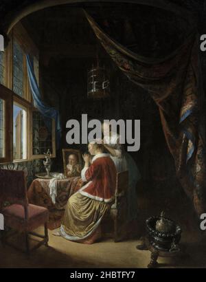 Eine junge Frau auf der Toilette - 1667 - Öl auf Holz 75,5 x 58 cm - Gerrit Dou Stockfoto