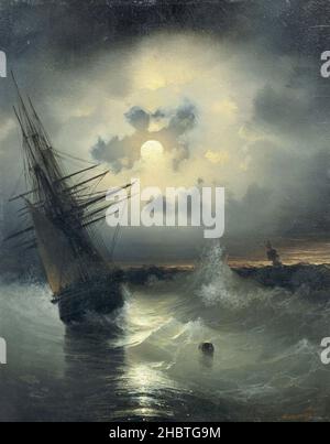 Das Segelschiff auf hoher See bei Mondschein - kein Datum - Öl auf Holz 24,6 x 19,2 cm - Ajvazovskij Ivan Konstantinovič Stockfoto