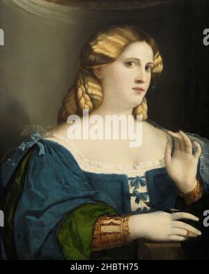 Jacopo Negretti, genannt Palma il Vecchio - Junge Frau in blauem Kleid, mit Fächer Stockfoto