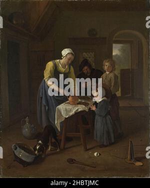 Eine Bauernfamilie zum Essen - 'Gnade vor Fleisch' - 1665c. - Öl auf Leinwand 44,8 x 37,5 cm - Steen Jan Stockfoto
