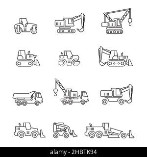 Spezielle Maschinen Traktor Umrisssymbole isoliert auf weißem Hintergrund gesetzt. Baumaschinen Transport Sammlung. Bulldozer Kran Straße Roller excAV Stock Vektor