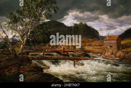 Hellefossen bei Hokkonnd - 1838 - Öl auf Leinwand 155 x 98 cm - Dahl Johan Christian Stockfoto