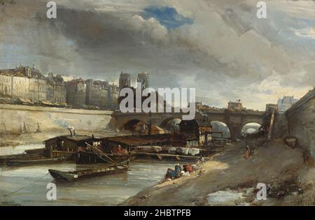 Jongkind Johan Barthold - Privatsammlung - Bateau-Lavoir prés du Pont-Neuf, Paris - 1850 - Öl auf Holz 21 x 41 cm Stockfoto