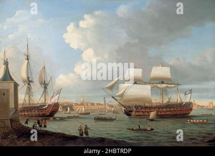 Dominic Serres-Foudroyant und Pégase in Portsmouth Harbour, 1782 Stockfoto