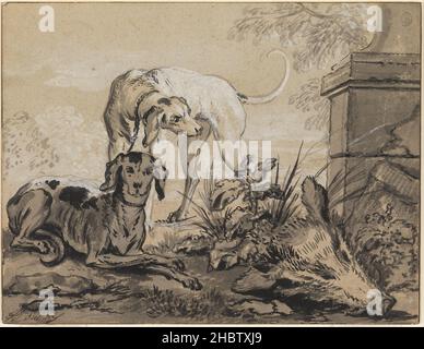 Jean-Baptiste Oudry - nach der Jagd- zwei Hunde neben einem Kopf des Wildschweins Stockfoto