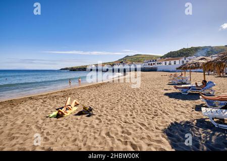 Der schöne Sandstrand von Sao Mateus. Insel Graciosa, Azoren. Portugal Stockfoto