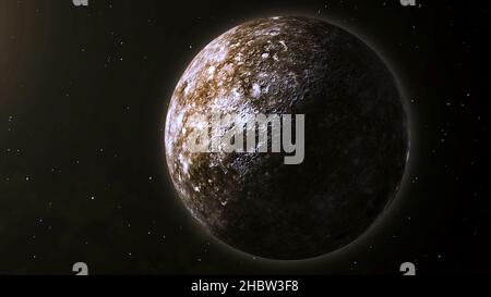 Unbewohnter Planet im tiefen Weltraum. Animation des Planeten im Weltraum. Rotierender Planet mit Reflexion des Sonnenlichts. Stockfoto