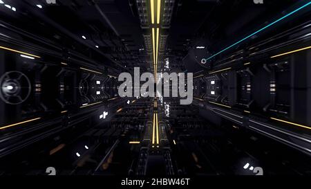 Fliegen Sie durch den digitalen futuristischen dunklen Tunnel, nahtlose Schleife. Blick in einen technologischen Weltraumtunnel oder Raumschiffkorridor. Stockfoto