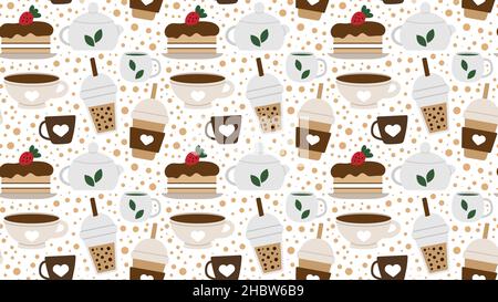 Nahtlos wiederholtes Muster mit Getränken und Desserts für das Café-Menü. Drucken Sie für ein Geschäft mit Tee und Kaffee und einem heißen Getränk. Vektorgrafik. Stock Vektor