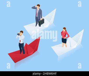 Führungskonzept. Red Leader Papierschiff führt unter anderem auf blauem Hintergrund. Stock Vektor