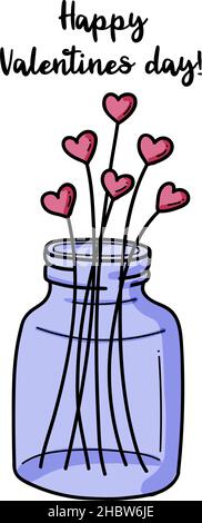 Valentinstags-Grußkarte in den trendigen Farben rosa und violett mit Herzen in einer Vase isoliert auf weißem Hintergrund Stock Vektor