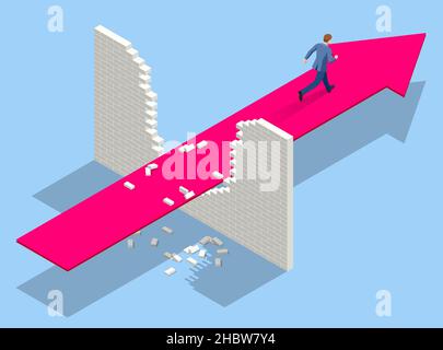 Isometrisches Durchbrechen der Wand. Eine alternative Lösung für das Problem. Geschäftsmann gelöst Problem, Neue Lösung, Erfolg und Führung. Durchbruch Stock Vektor