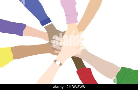 Menschen, die ihre Hände zusammenlegen. Freunde mit einem Stapel Hände, die Einheit und Teamarbeit zeigen, Draufsicht. Vektorgrafik flach. Stock Vektor