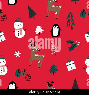 Weihnachtsfiguren nahtloses Muster auf rotem Hintergrund. Weihnachtsbäume, Schneemann, niedliches Rentier, Pinguin, Geschenke, schneeflocke. Stock Vektor