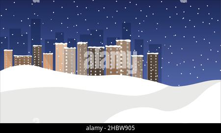 Vektor-Illustration der winterlichen Stadtlandschaft mit Schnee und modernem Stadthintergrund. Winterhintergrund, Kopierbereich. Stock Vektor
