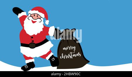 Der Weihnachtsmann zieht eine große Tasche mit fröhlichem Weihnachtstext. Happy Santa Vektor-Charakterillustration für Grußkarten, Banner. Hintergrundfarbe ist chan Stock Vektor