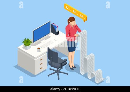 Isometrische Geschäftsfrau mit Checkliste und To-Do-Liste. Projektmanagement, Planung und Bewertung der abgeschlossenen Aufgaben Stock Vektor