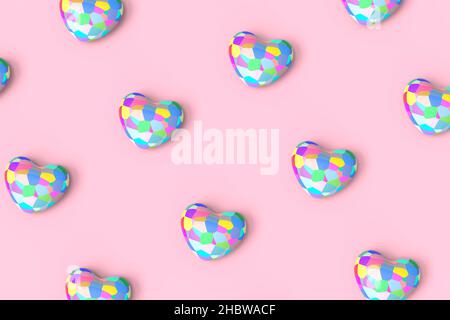 Rosa Muster Hintergrund mit hellen bunten Herzen. 3D Abbildung Stockfoto