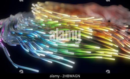 Leuchtende Glaswege. Lichtwellenleitertechnik-Konzept mit mehreren Linien. 3D Illustration. Geeignet für Technik, Internet, Energie und Daten Themen. Stockfoto