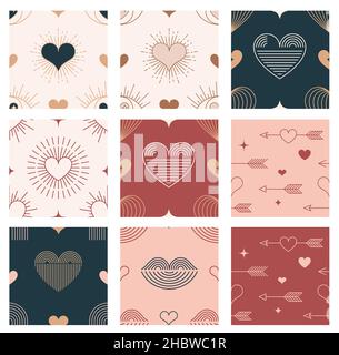 Minimalistischer Bohemian Valentinstag Hintergrund, Muster. Geometrischer Stil Herz, Lippen, Sonne und Regenbogen, Design-Vorlagen, geometrisches abstraktes Design Stock Vektor