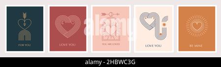 Minimalistische böhmische Grußkarten zum Valentinstag, Wandbilder. Herz, Lippen, Sonne und Regenbogen, Designvorlagen, geometrisches abstraktes Design Stock Vektor