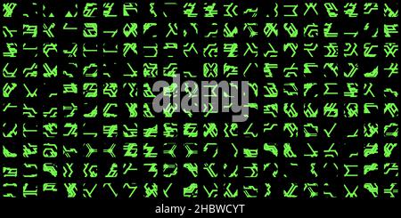 Computergenerierte grüne Alien Hieroglyphen-Symbole isoliert auf schwarzem Hintergrund, digitales Alien-Alphabet, runde quadratische Formen, Schnittränder. Grüner Alien Stockfoto