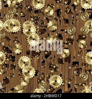 Funktioniert wie ein Uhrwerk. Holzplatten, rotieren Zahnräder Stockfoto