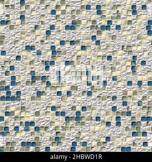 Verfallendes Mosaik aus Betonwand, 3D erzeugt nahtlose Textur, High-Definition-Muster. Marineblau, Gelb, Grün Stockfoto