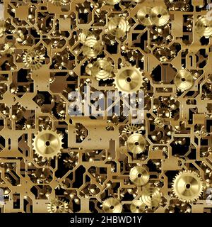 Nahtlose Uhrwerk-Textur. Metallplatten, rotieren Zahnräder Stockfoto