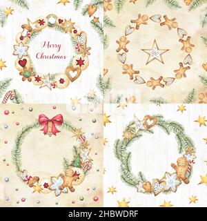 Weihnachtsferien digitales Sammelalbum Papier mit quadratischen Design Grußkarten, Vintage-Papier und weißem Holz Hintergründe, festliche Winter Kränze Stockfoto