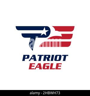 PE-Logo. Buchstabenbasiert, Patriot Eagle-Symbol Stock Vektor