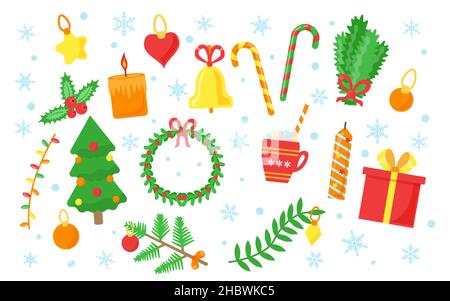 Weihnachtliche flache Reihe von Design-Elementen isoliert auf weißem Hintergrund. Baum, Kranz mit Band, Mistel, Kerze, Glocke, Zweig, Spielzeug, Girlande, Geschenk, Candy Stick und Schneeflocken. Vektorgrafik Stock Vektor