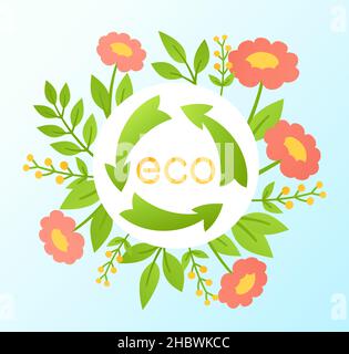 Zero Waste Recycling Zeichen Öko Hintergrund. Trendige Wiederverwendung Symbol mit grünen Öko-Blätter. Ökologisches Lifestyle-Bannerdesign für Bildung und Kreativität, Wirtschaft und Werbung. Flacher Cartoon-Vektor Stock Vektor