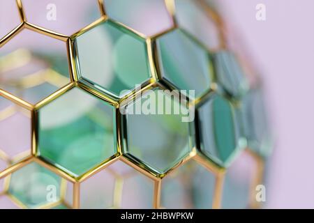 3D Abbildung einer grünen Wabe. Muster von einfachen geometrischen sechseckigen Formen, Mosaik-Hintergrund. Bienenwabenkonzept, Bienenstock Stockfoto